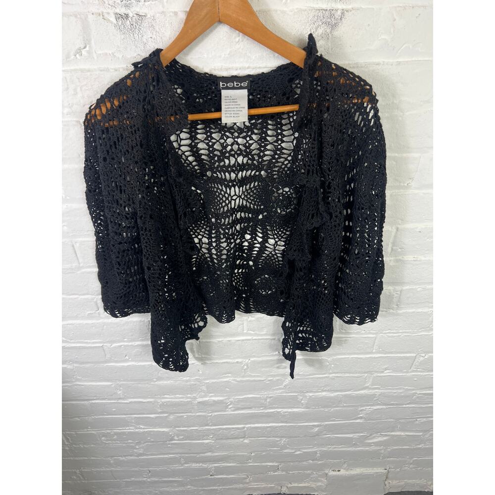 Bebe Women's Cahote Crochet Knit Cardigan Sweater 3/4 Sleeve Black Size Large